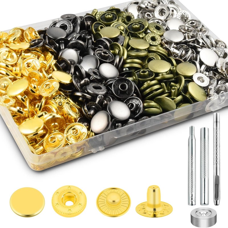 ManTangSun 100Sets Snaps Button Kit, 15mm Leather Snaps Fasteners, Metal Button Press Studs with 4 Install Tools 4 Colors for Leather Bag Clothes Jackets Jeans Wears Bracelets Fashion DIY Sewing - Image 1